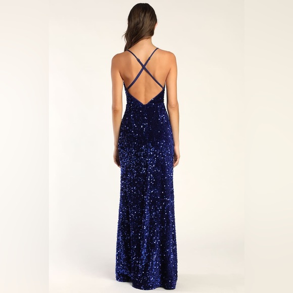 Royal Blue Sequin Velvet Maxi Dress with slit - Picture 4 of 5